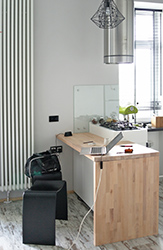 Natural oak counter island and acrylic cooktop with minimalist extraction hood.