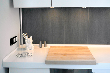 Large oak cutting board is also a decorative element.