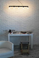 Study table with lights on.