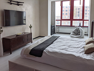 It's a typical Ukrainian one bedroom apartment, where the bedroom is also the main living space, there's no separate living room by design, just the bedroom and kitchen. And a little lounge area by the panoramic window.